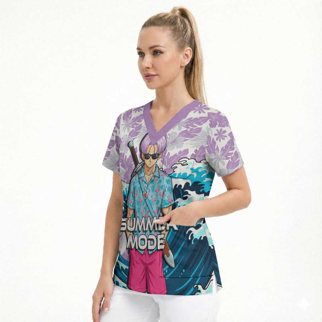 Trunks Dragon Ball Summer Theme Scrub Top with Sword Floral Shirt Sunglasses Shenron and Ocean Wave Background - The Mazicc