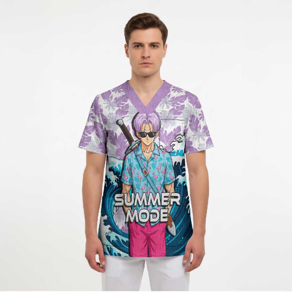 Trunks Dragon Ball Summer Theme Scrub Top with Sword Floral Shirt Sunglasses Shenron and Ocean Wave Background - The Mazicc
