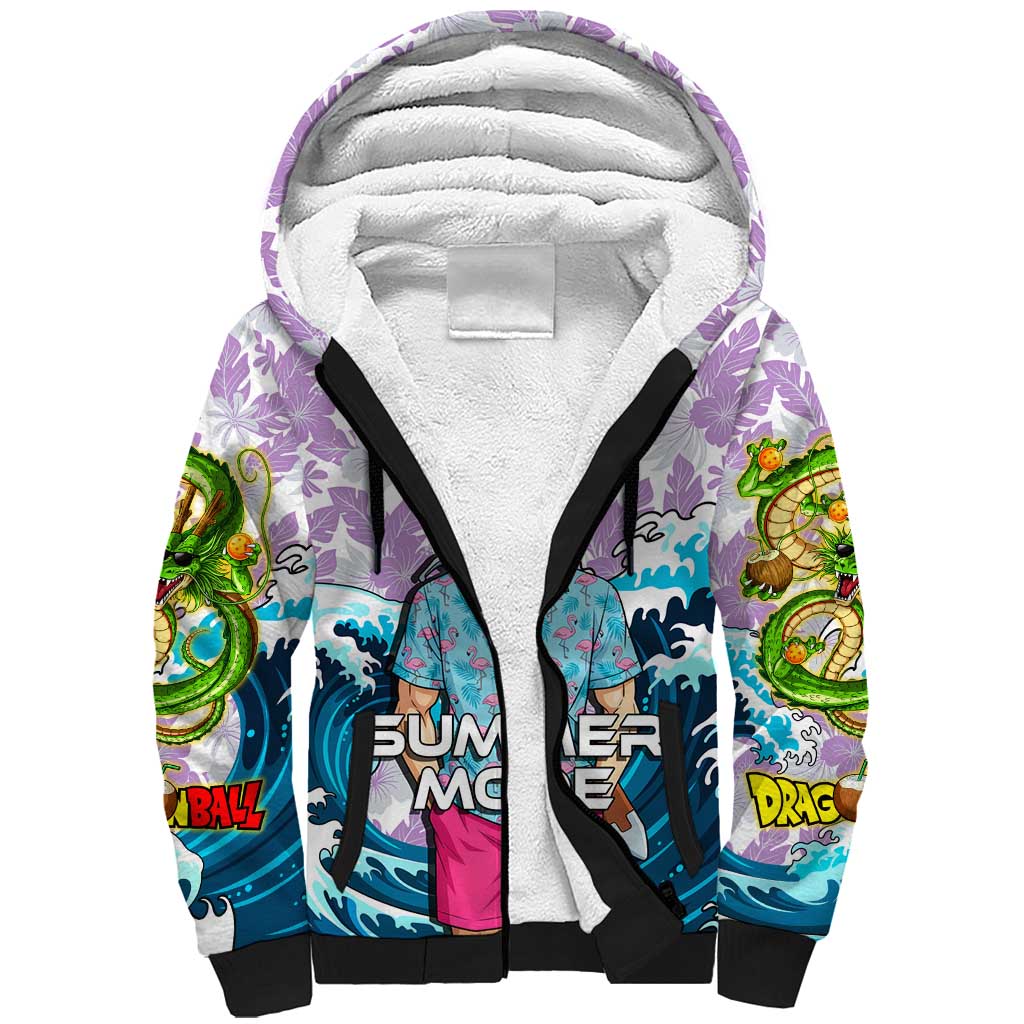 Trunks Dragon Ball Summer Theme Sherpa Hoodie with Sword Floral Shirt Sunglasses Shenron and Ocean Wave Background - The Mazicc
