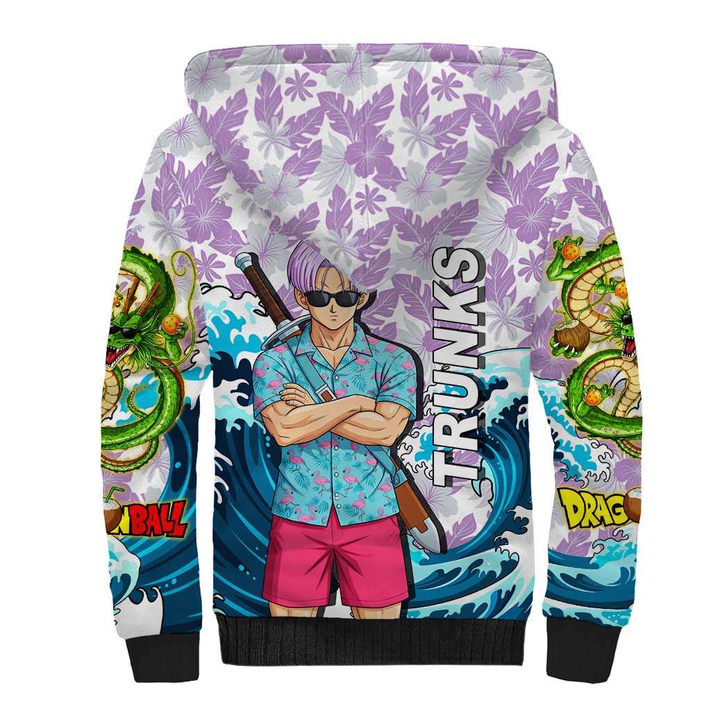 Trunks Dragon Ball Summer Theme Sherpa Hoodie with Sword Floral Shirt Sunglasses Shenron and Ocean Wave Background - The Mazicc