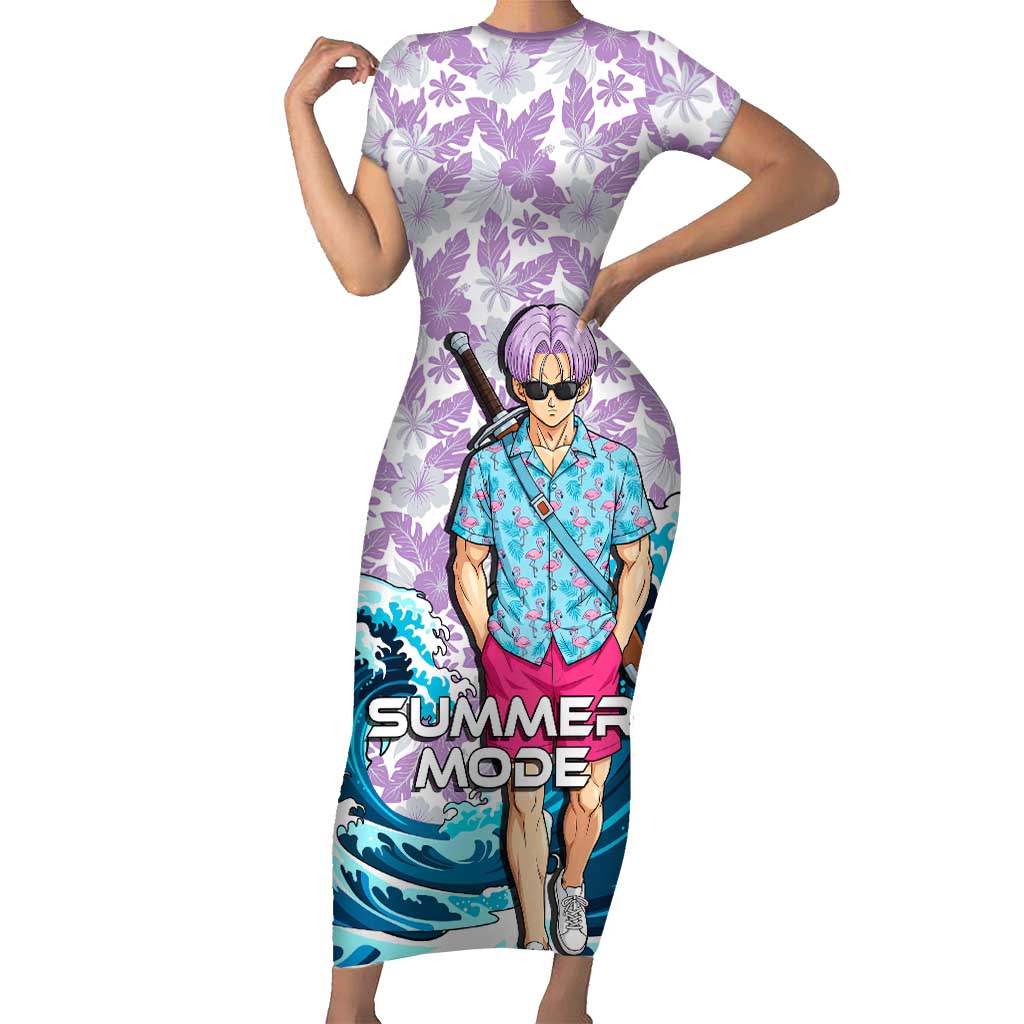 Trunks Dragon Ball Summer Theme Short Sleeve Bodycon Dress with Sword Floral Shirt Sunglasses Shenron and Ocean Wave Background - The Mazicc