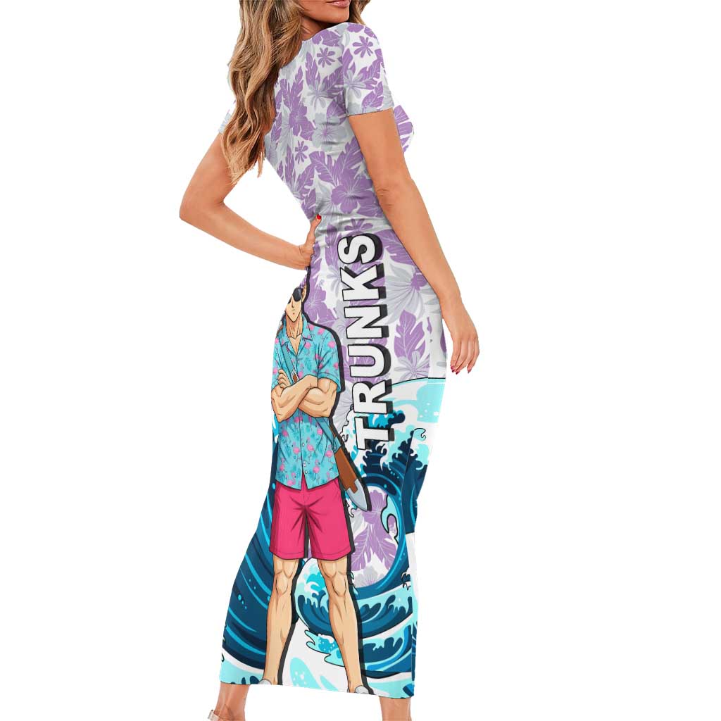 Trunks Dragon Ball Summer Theme Short Sleeve Bodycon Dress with Sword Floral Shirt Sunglasses Shenron and Ocean Wave Background - The Mazicc