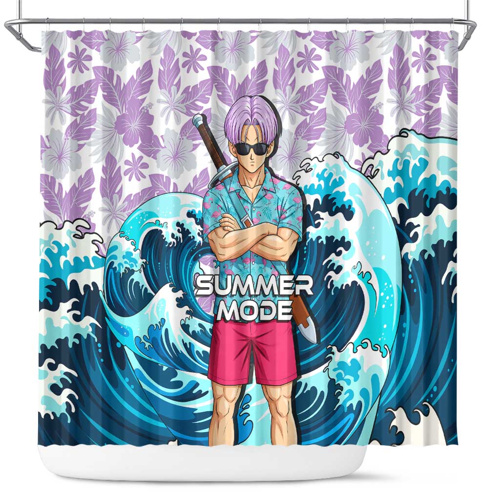 Trunks Dragon Ball Summer Theme Shower Curtain with Sword Floral Shirt Sunglasses Shenron and Ocean Wave Background - The Mazicc