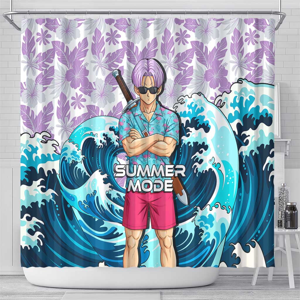 Trunks Dragon Ball Summer Theme Shower Curtain with Sword Floral Shirt Sunglasses Shenron and Ocean Wave Background - The Mazicc