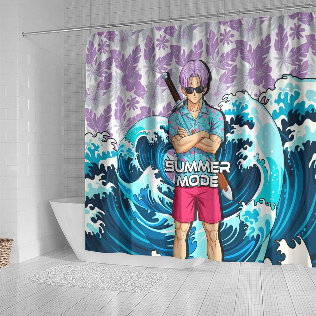 Trunks Dragon Ball Summer Theme Shower Curtain with Sword Floral Shirt Sunglasses Shenron and Ocean Wave Background - The Mazicc