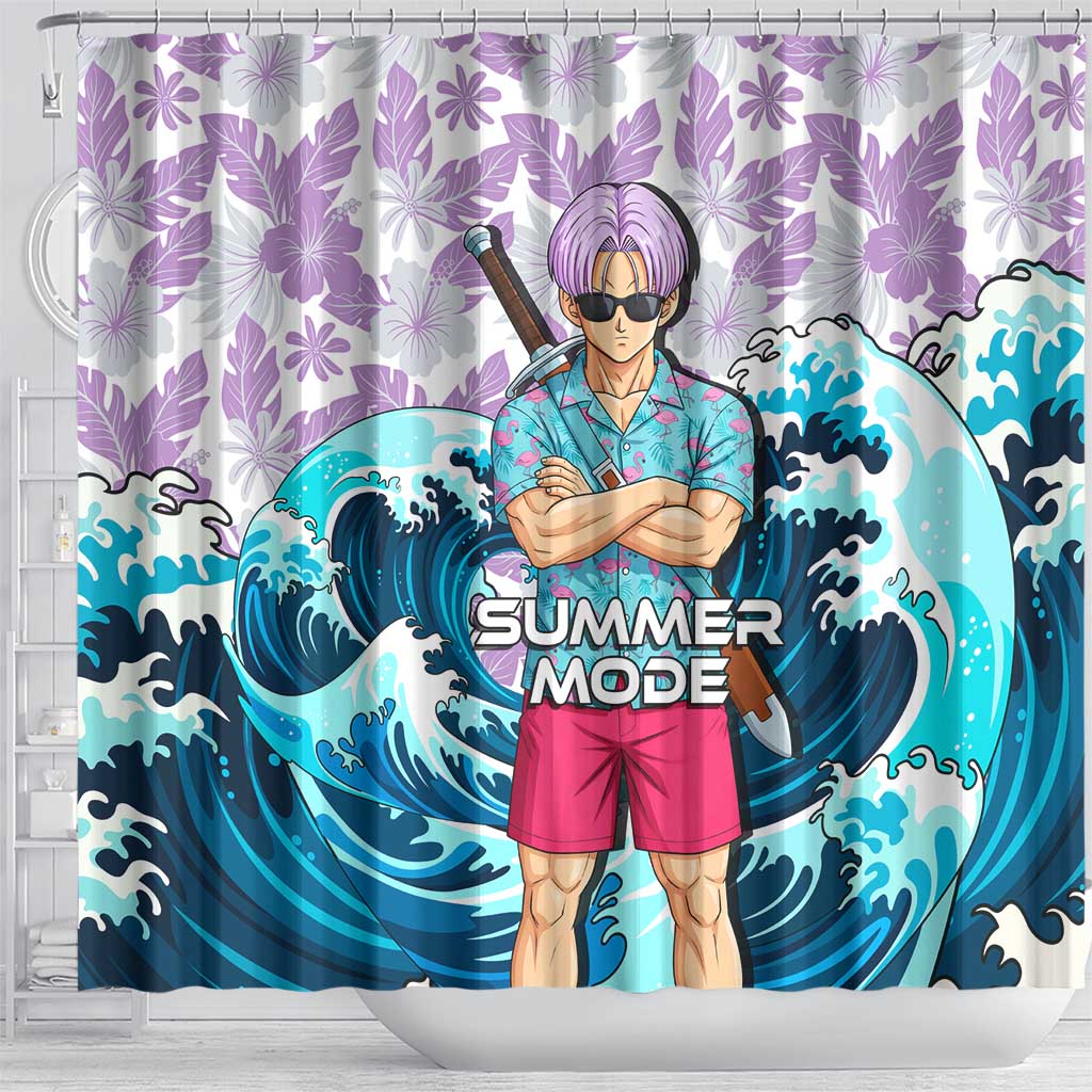 Trunks Dragon Ball Summer Theme Shower Curtain with Sword Floral Shirt Sunglasses Shenron and Ocean Wave Background - The Mazicc