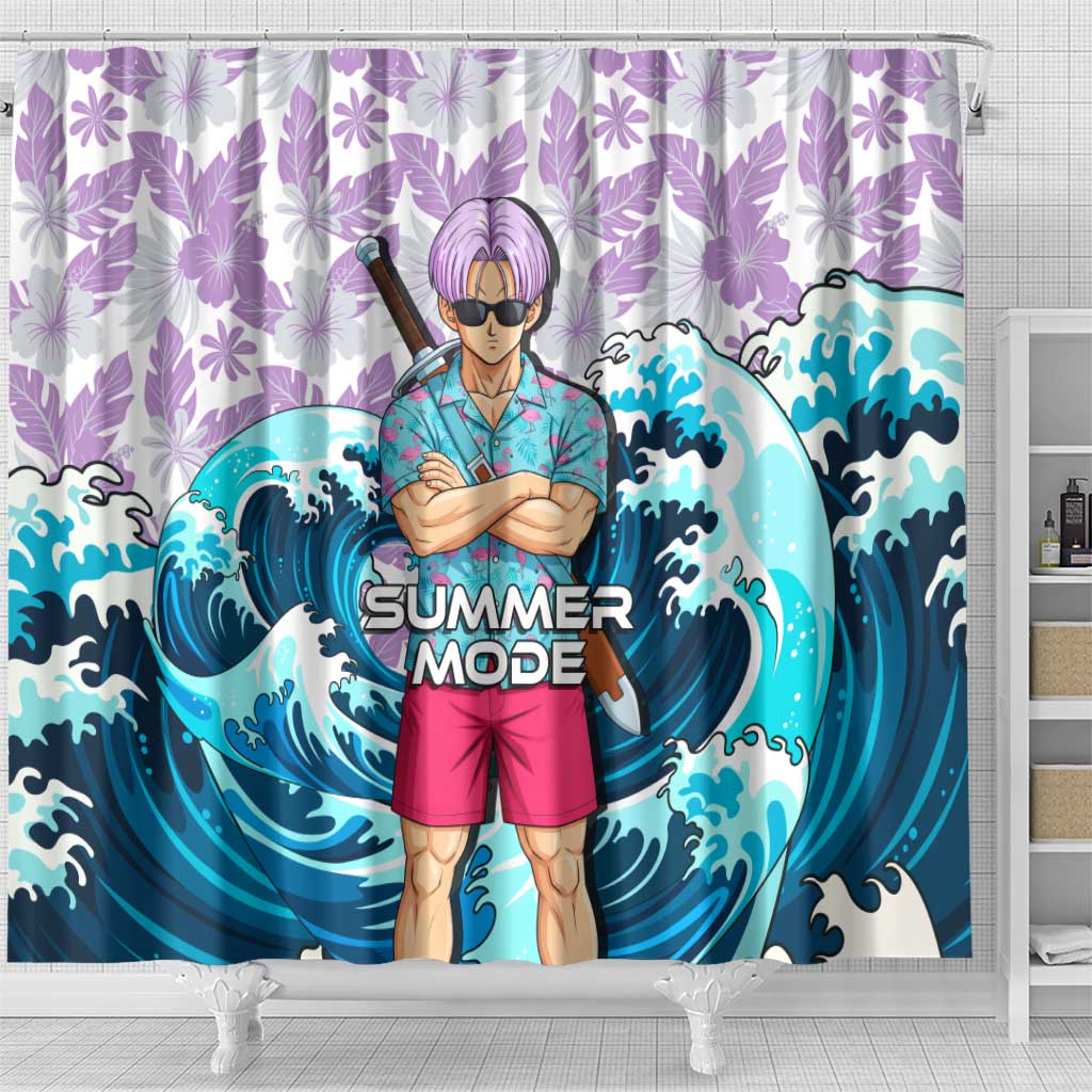 Trunks Dragon Ball Summer Theme Shower Curtain with Sword Floral Shirt Sunglasses Shenron and Ocean Wave Background - The Mazicc