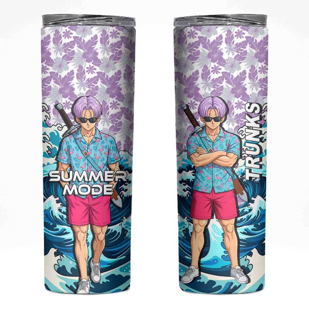 Trunks Dragon Ball Summer Theme Skinny Tumbler with Sword Floral Shirt Sunglasses Shenron and Ocean Wave Background - The Mazicc