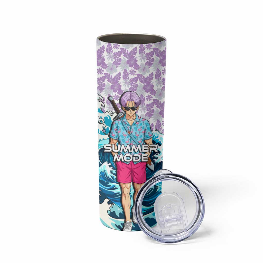 Trunks Dragon Ball Summer Theme Skinny Tumbler with Sword Floral Shirt Sunglasses Shenron and Ocean Wave Background - The Mazicc