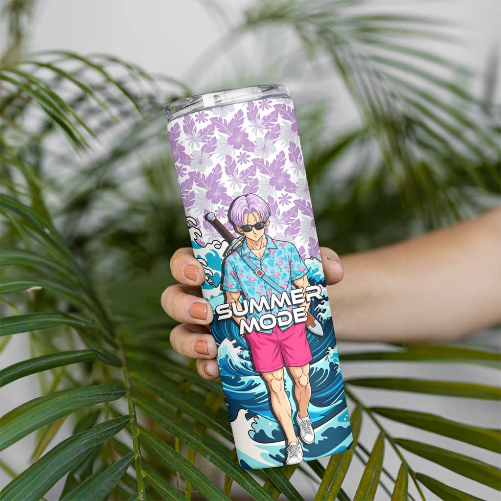 Trunks Dragon Ball Summer Theme Skinny Tumbler with Sword Floral Shirt Sunglasses Shenron and Ocean Wave Background - The Mazicc