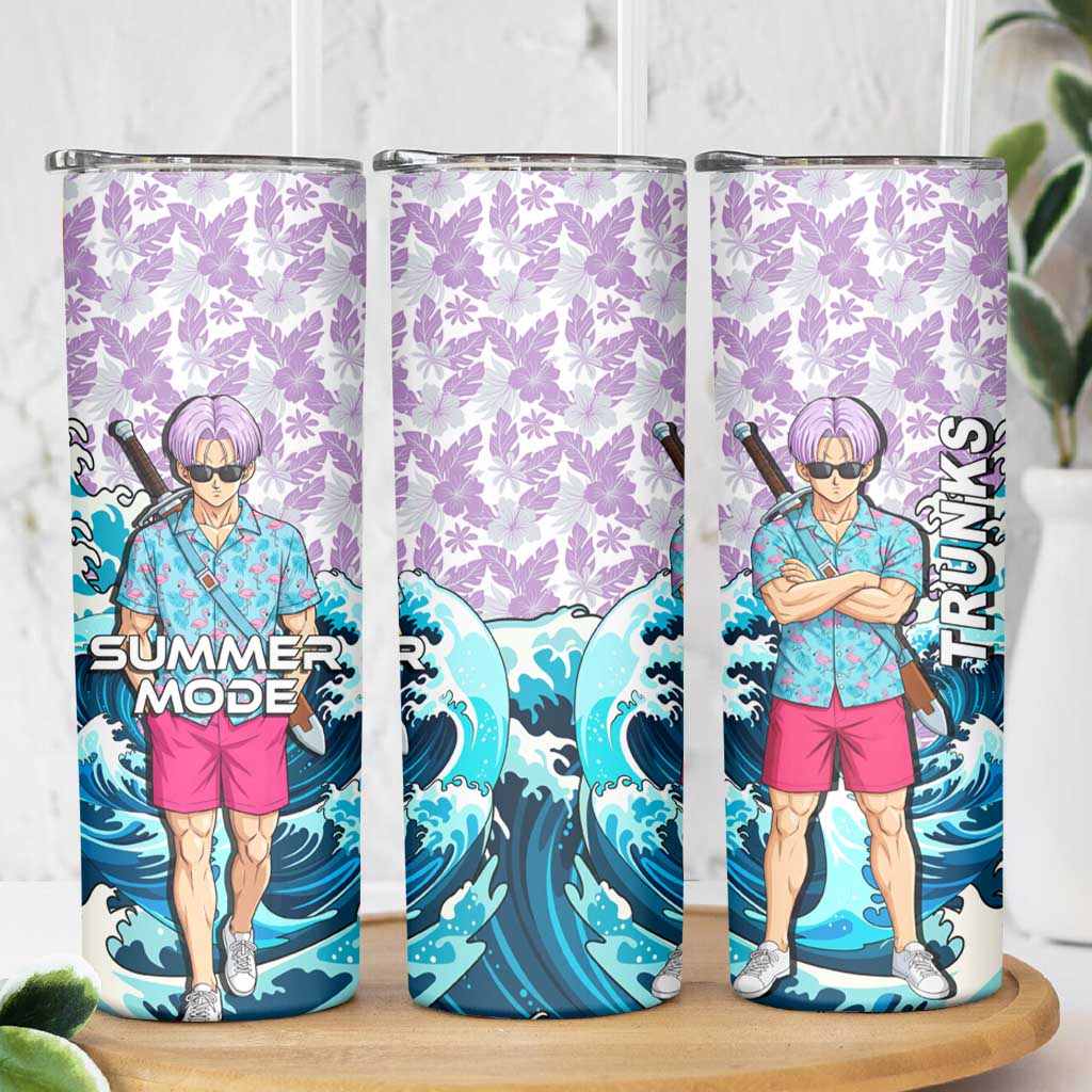 Trunks Dragon Ball Summer Theme Skinny Tumbler with Sword Floral Shirt Sunglasses Shenron and Ocean Wave Background - The Mazicc