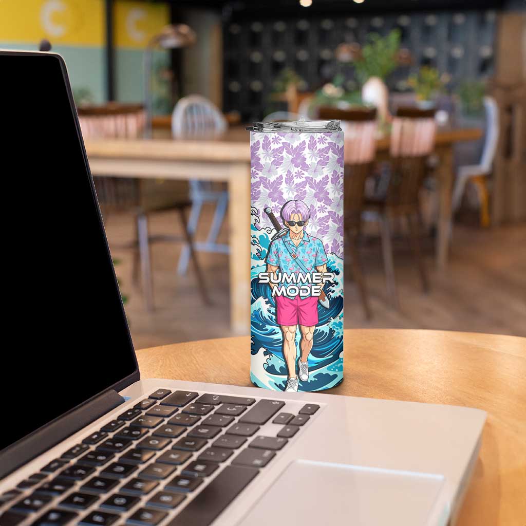 Trunks Dragon Ball Summer Theme Skinny Tumbler with Sword Floral Shirt Sunglasses Shenron and Ocean Wave Background - The Mazicc