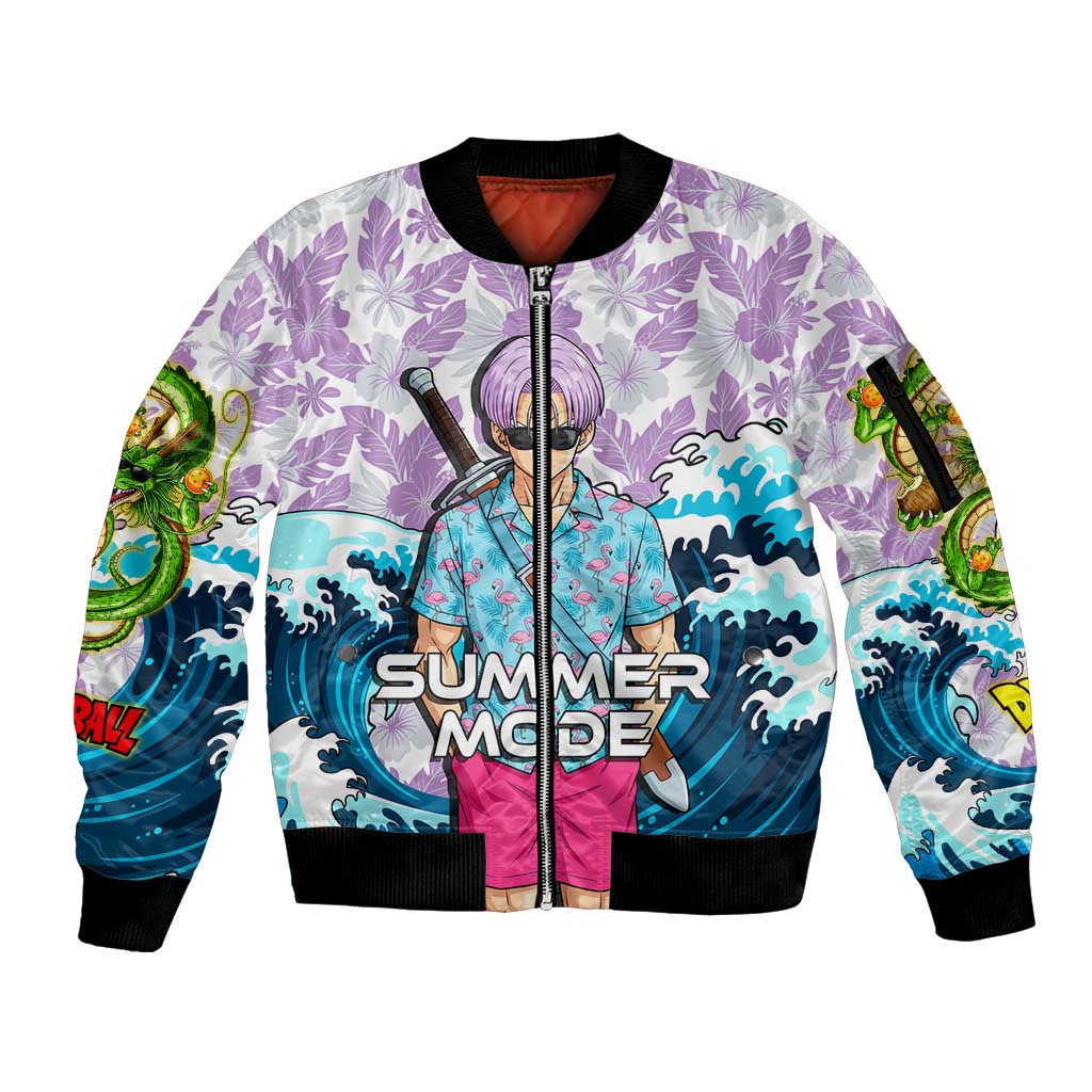 Trunks Dragon Ball Summer Theme Sleeve Zip Bomber Jacket with Sword Floral Shirt Sunglasses Shenron and Ocean Wave Background - The Mazicc