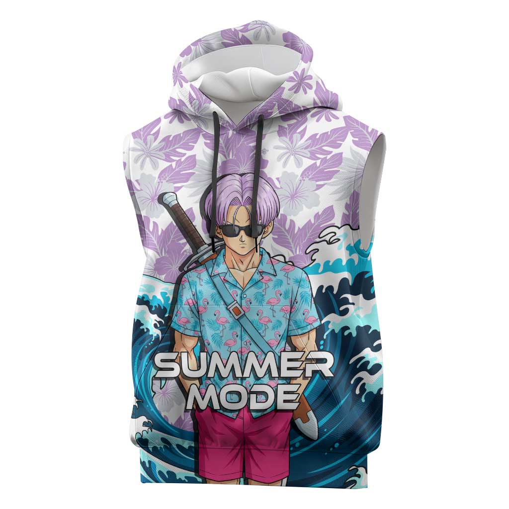 Trunks Dragon Ball Summer Theme Sleeveless Hoodie with Sword Floral Shirt Sunglasses Shenron and Ocean Wave Background - The Mazicc