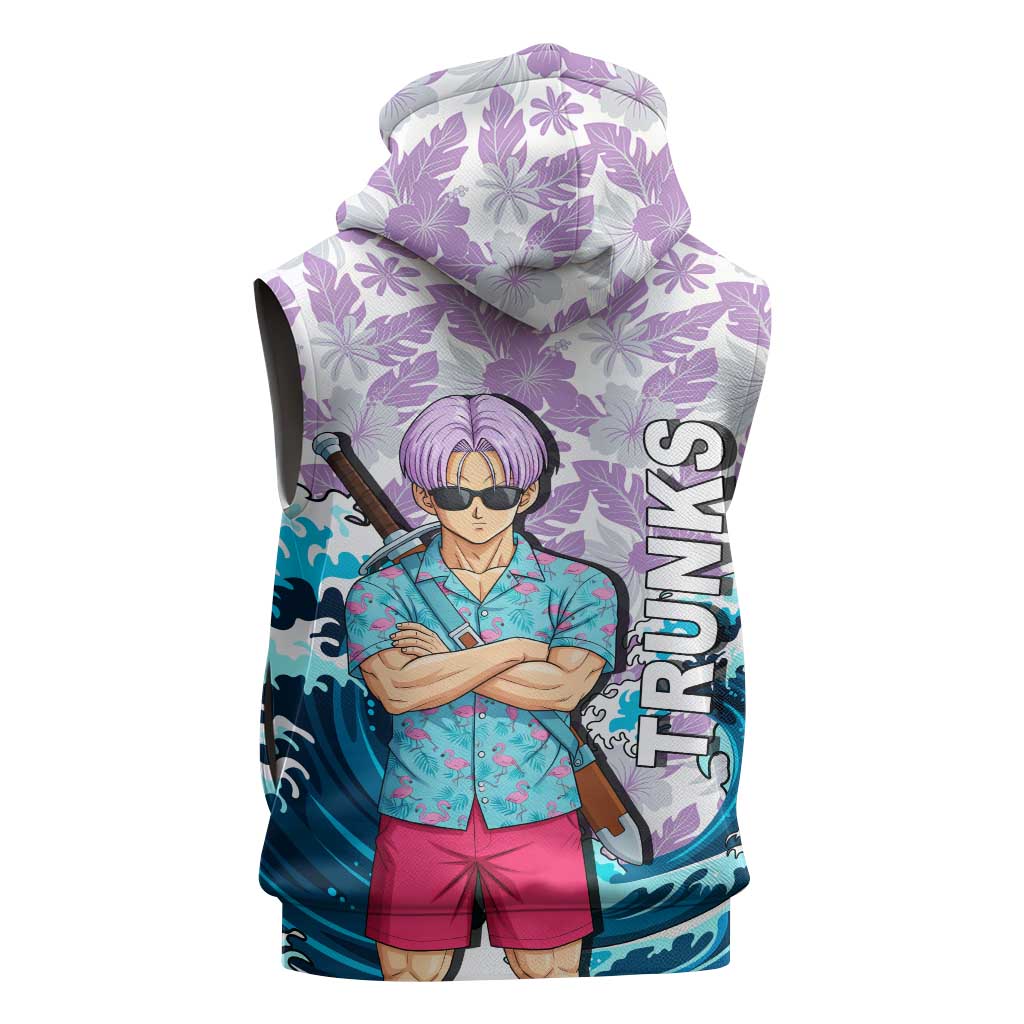 Trunks Dragon Ball Summer Theme Sleeveless Hoodie with Sword Floral Shirt Sunglasses Shenron and Ocean Wave Background - The Mazicc