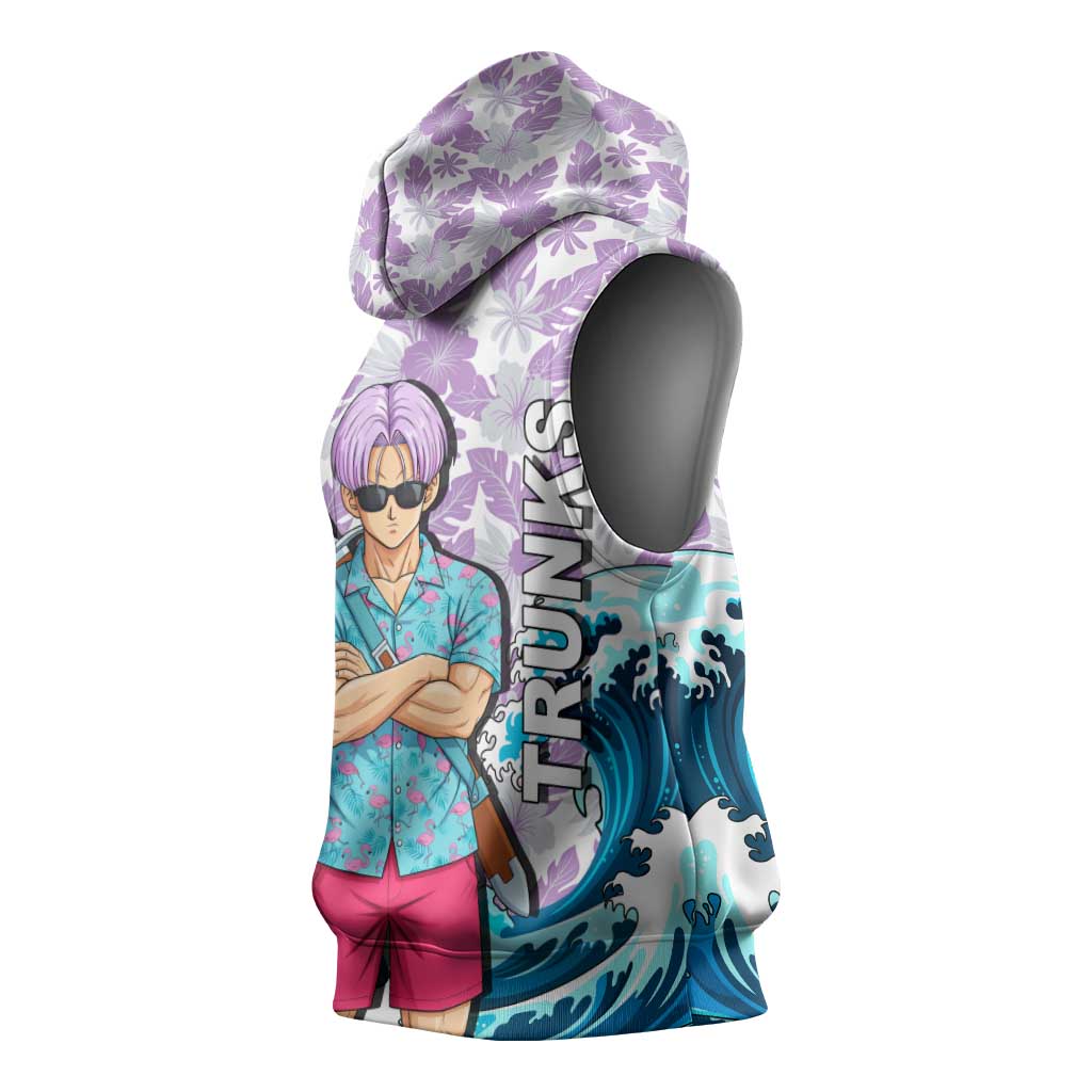 Trunks Dragon Ball Summer Theme Sleeveless Hoodie with Sword Floral Shirt Sunglasses Shenron and Ocean Wave Background - The Mazicc