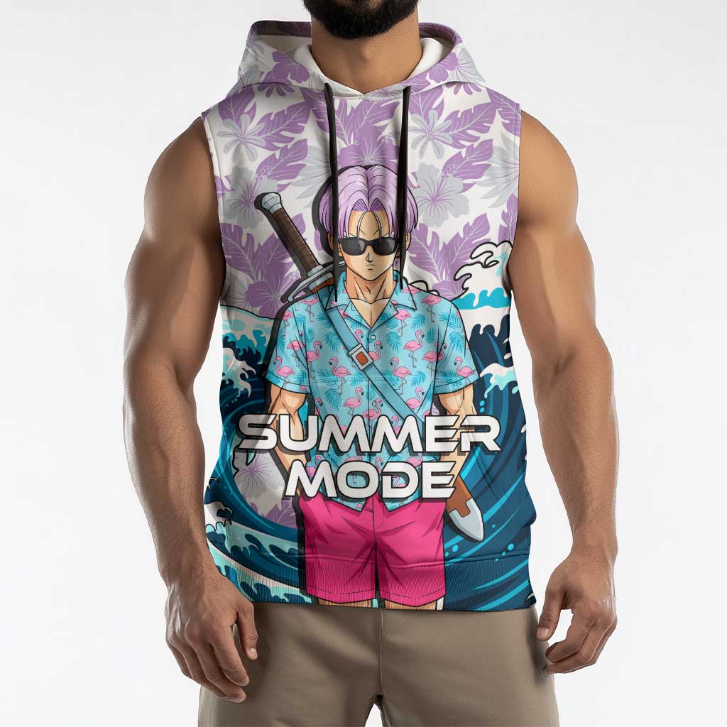Trunks Dragon Ball Summer Theme Sleeveless Hoodie with Sword Floral Shirt Sunglasses Shenron and Ocean Wave Background - The Mazicc