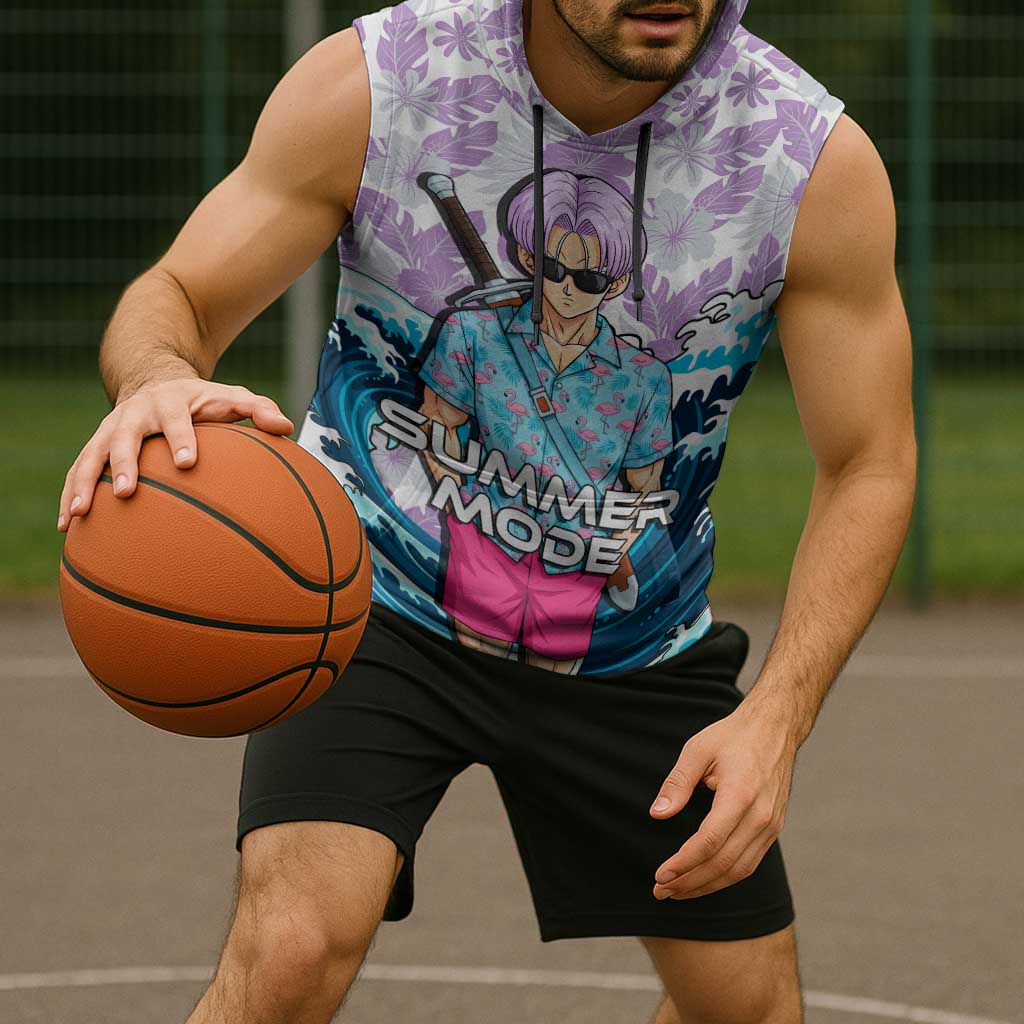 Trunks Dragon Ball Summer Theme Sleeveless Hoodie with Sword Floral Shirt Sunglasses Shenron and Ocean Wave Background - The Mazicc