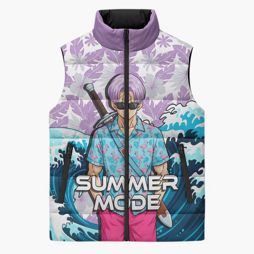 Trunks Dragon Ball Summer Theme Sleeveless Puffer Jacket with Sword Floral Shirt Sunglasses Shenron and Ocean Wave Background - The Mazicc