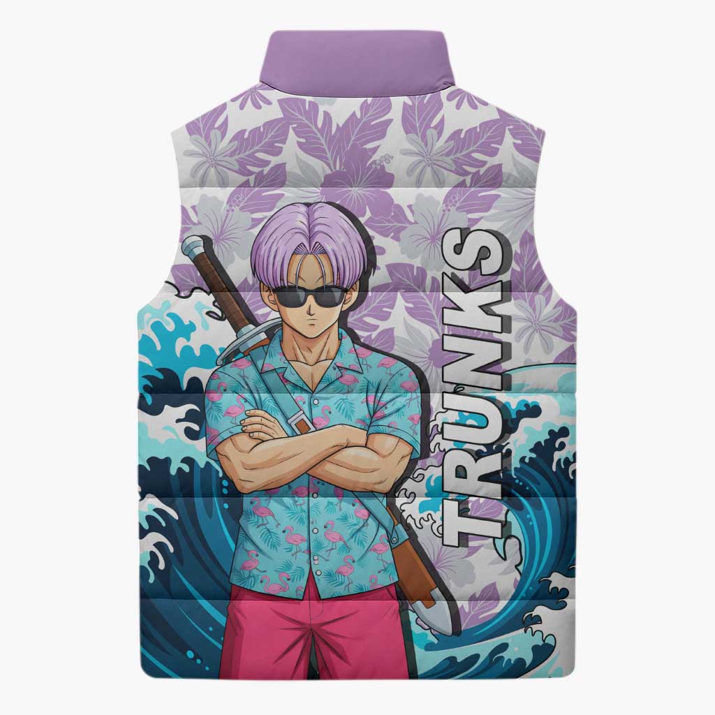 Trunks Dragon Ball Summer Theme Sleeveless Puffer Jacket with Sword Floral Shirt Sunglasses Shenron and Ocean Wave Background - The Mazicc