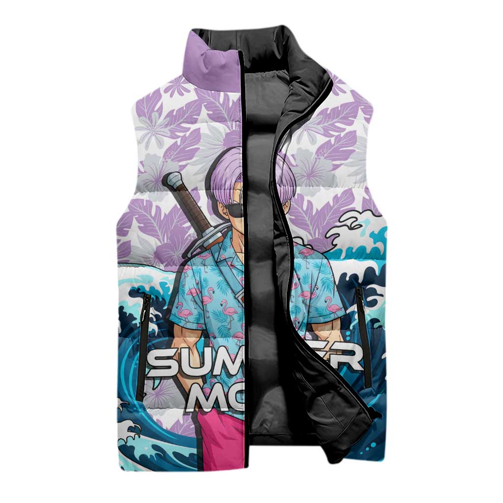 Trunks Dragon Ball Summer Theme Sleeveless Puffer Jacket with Sword Floral Shirt Sunglasses Shenron and Ocean Wave Background - The Mazicc