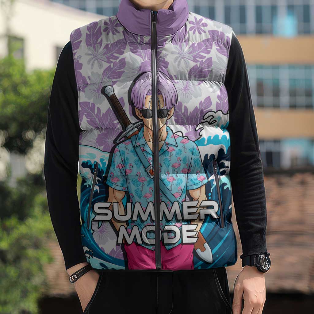 Trunks Dragon Ball Summer Theme Sleeveless Puffer Jacket with Sword Floral Shirt Sunglasses Shenron and Ocean Wave Background - The Mazicc