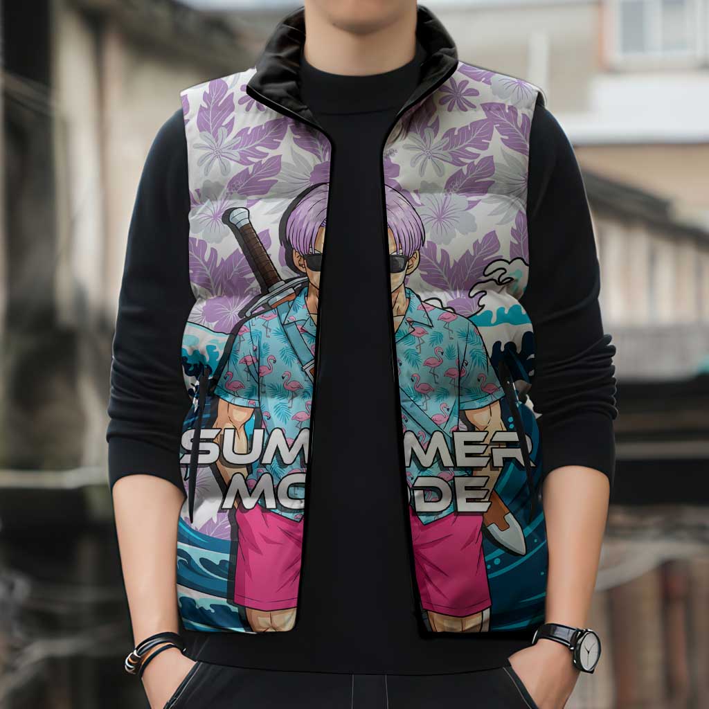 Trunks Dragon Ball Summer Theme Sleeveless Puffer Jacket with Sword Floral Shirt Sunglasses Shenron and Ocean Wave Background - The Mazicc