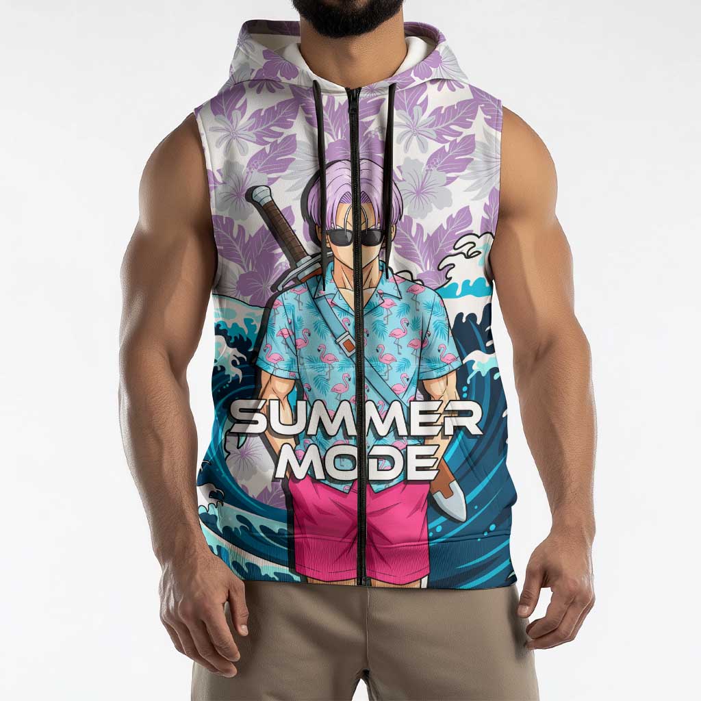 Trunks Dragon Ball Summer Theme Sleeveless Zip Hoodie with Sword Floral Shirt Sunglasses Shenron and Ocean Wave Background - The Mazicc
