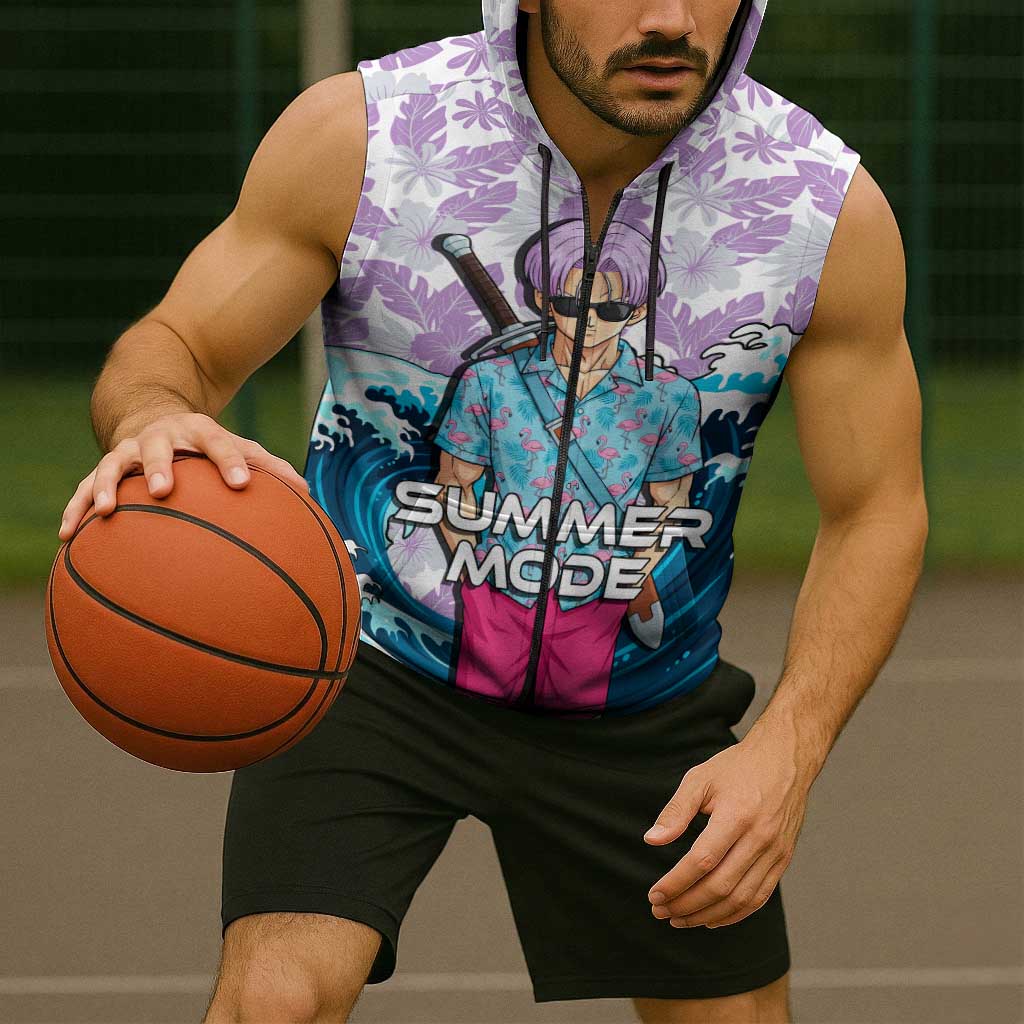 Trunks Dragon Ball Summer Theme Sleeveless Zip Hoodie with Sword Floral Shirt Sunglasses Shenron and Ocean Wave Background - The Mazicc