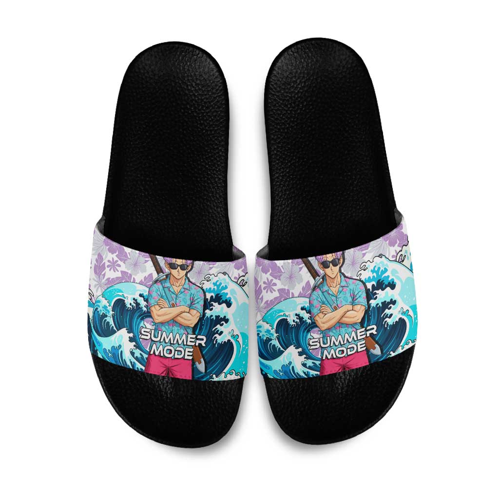 Trunks Dragon Ball Summer Theme Slide Sandals with Sword Floral Shirt Sunglasses Shenron and Ocean Wave Background - The Mazicc