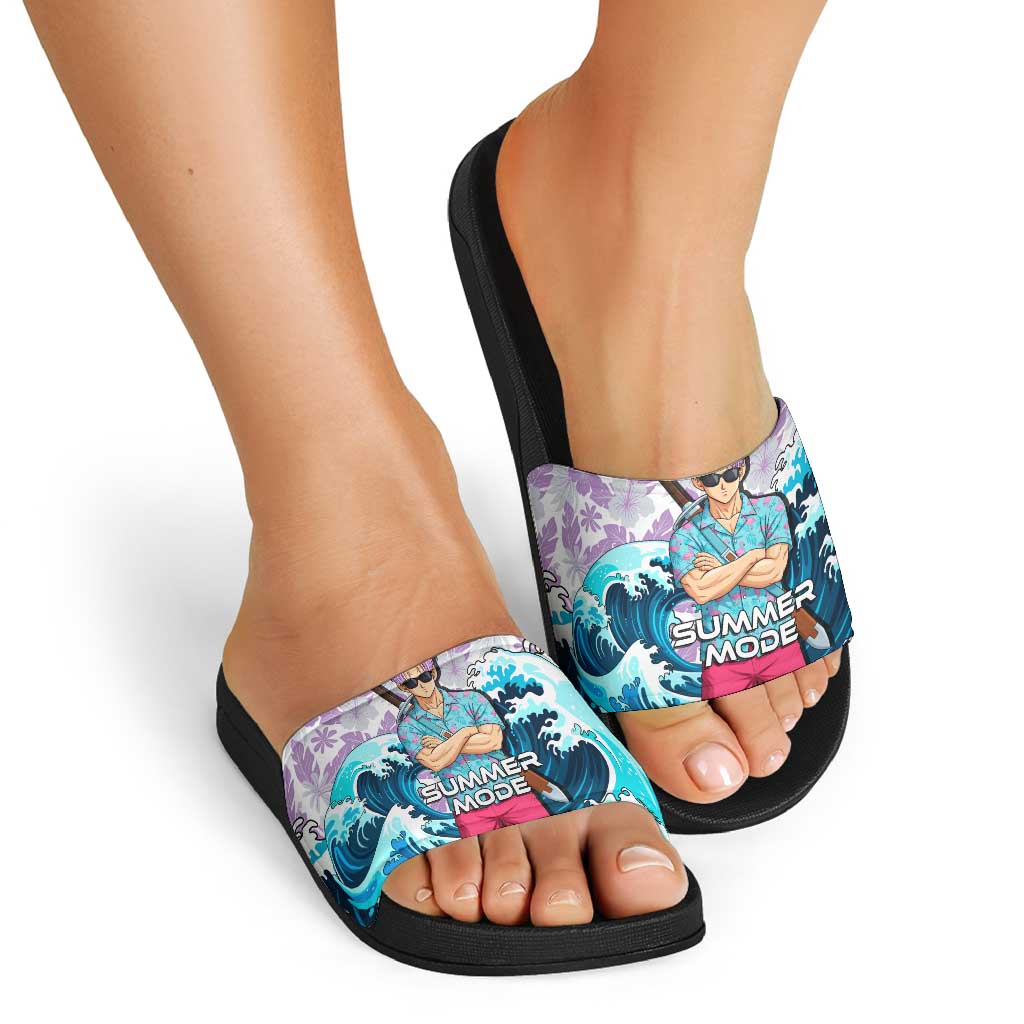 Trunks Dragon Ball Summer Theme Slide Sandals with Sword Floral Shirt Sunglasses Shenron and Ocean Wave Background - The Mazicc