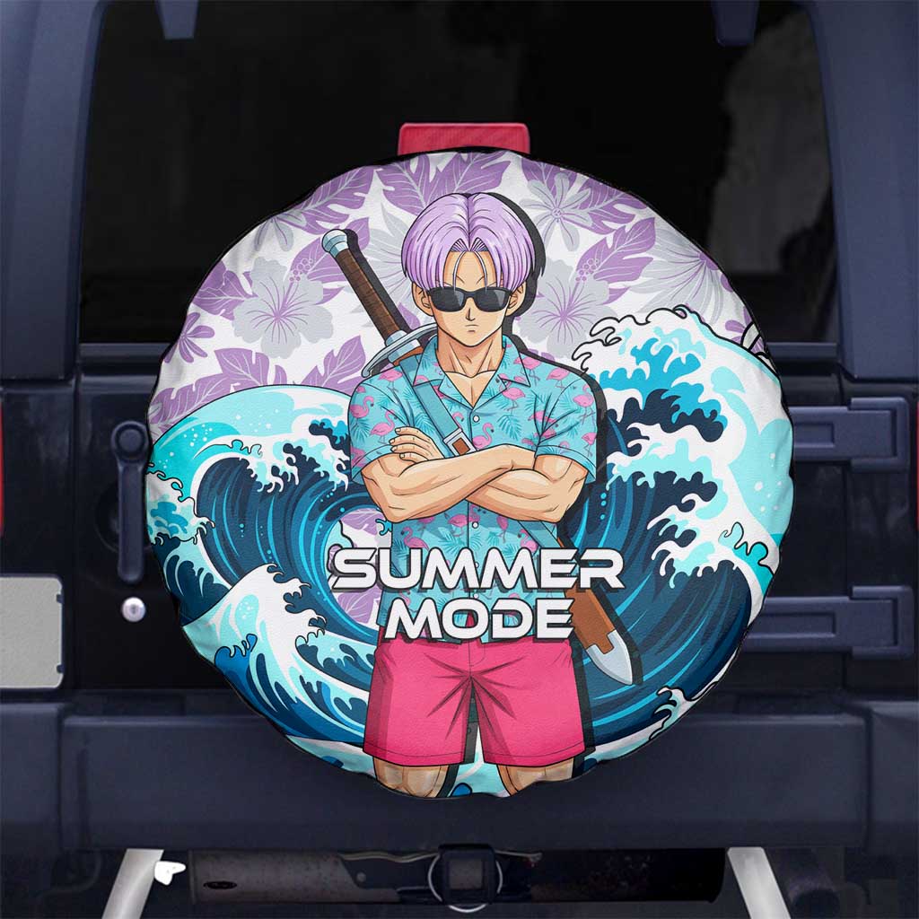 Trunks Dragon Ball Summer Theme Spare Tire Cover with Sword Floral Shirt Sunglasses Shenron and Ocean Wave Background - The Mazicc