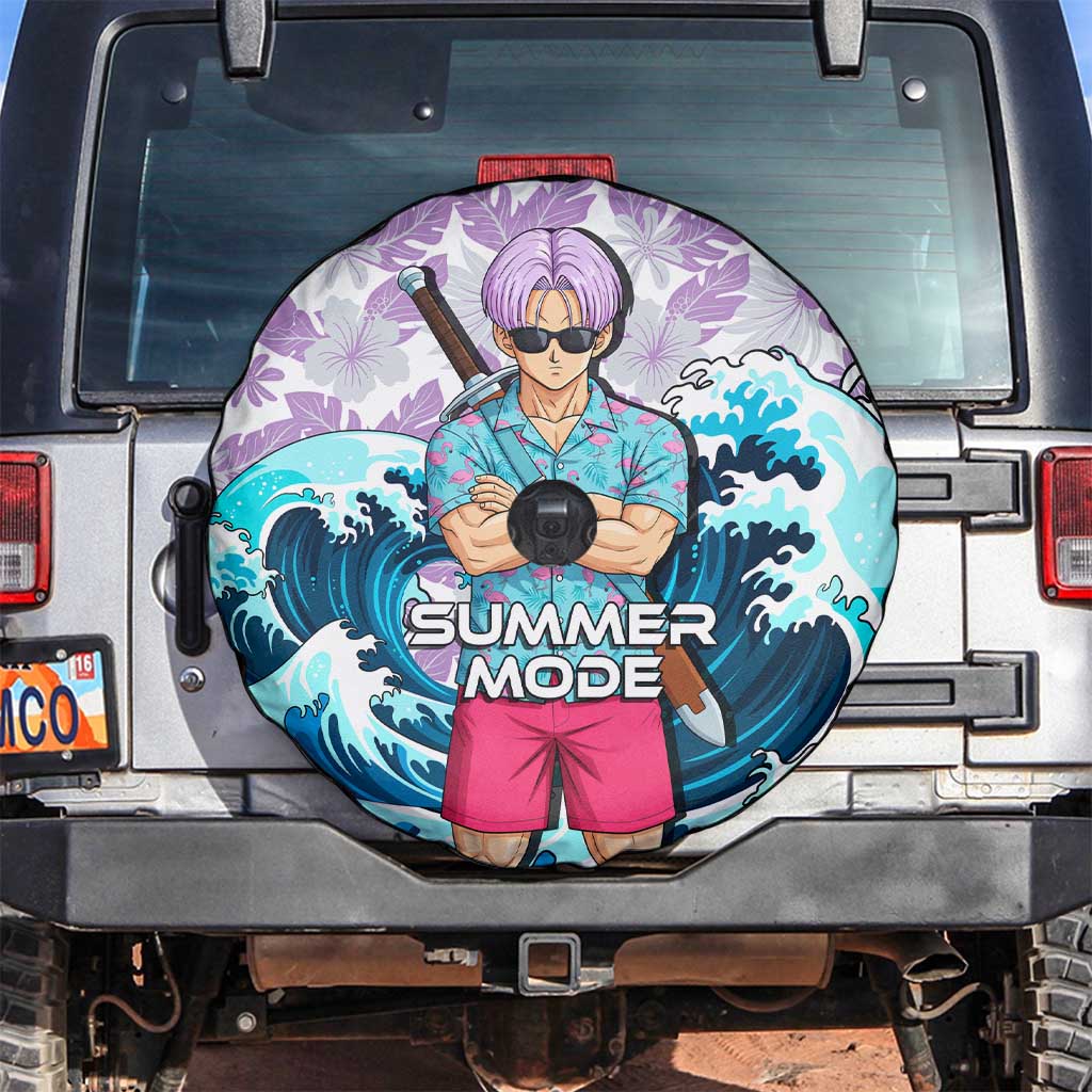 Trunks Dragon Ball Summer Theme Spare Tire Cover with Sword Floral Shirt Sunglasses Shenron and Ocean Wave Background - The Mazicc