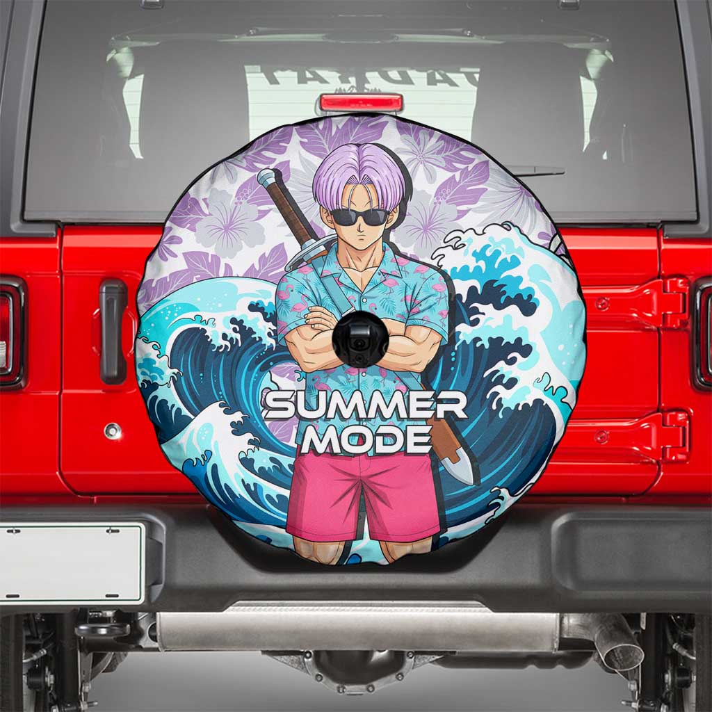 Trunks Dragon Ball Summer Theme Spare Tire Cover with Sword Floral Shirt Sunglasses Shenron and Ocean Wave Background - The Mazicc