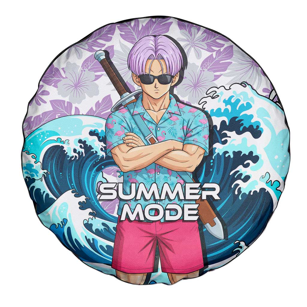 Trunks Dragon Ball Summer Theme Spare Tire Cover with Sword Floral Shirt Sunglasses Shenron and Ocean Wave Background - The Mazicc