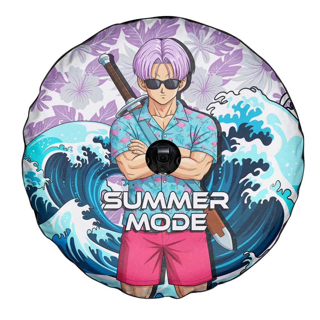 Trunks Dragon Ball Summer Theme Spare Tire Cover with Sword Floral Shirt Sunglasses Shenron and Ocean Wave Background - The Mazicc
