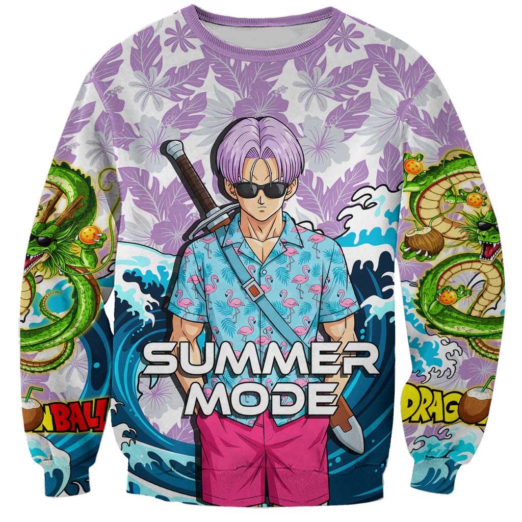 Trunks Dragon Ball Summer Theme Sweatshirt with Sword Floral Shirt Sunglasses Shenron and Ocean Wave Background - The Mazicc