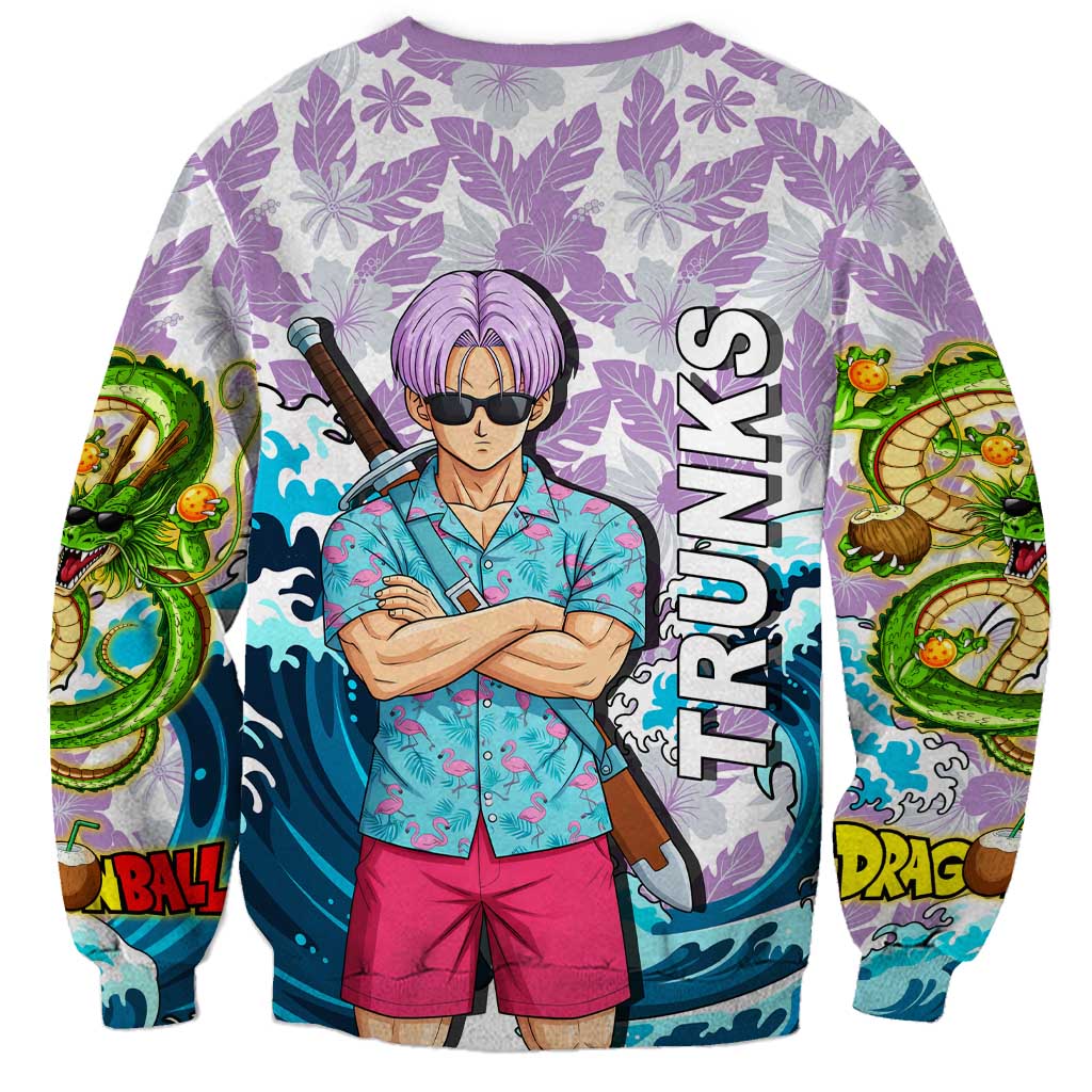 Trunks Dragon Ball Summer Theme Sweatshirt with Sword Floral Shirt Sunglasses Shenron and Ocean Wave Background - The Mazicc