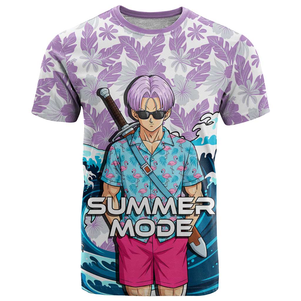 Trunks Dragon Ball Summer Theme T Shirt with Sword Floral Shirt Sunglasses Shenron and Ocean Wave Background - The Mazicc