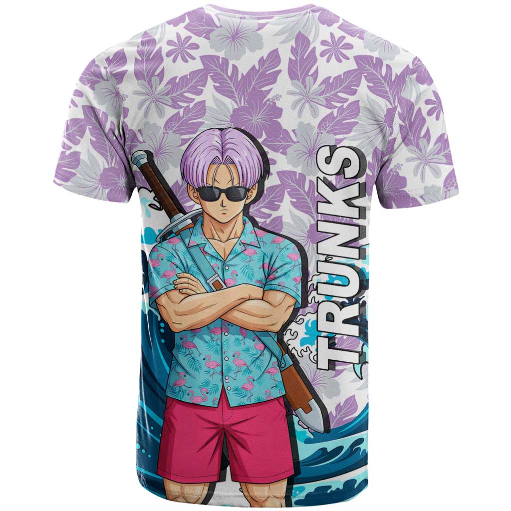 Trunks Dragon Ball Summer Theme T Shirt with Sword Floral Shirt Sunglasses Shenron and Ocean Wave Background - The Mazicc