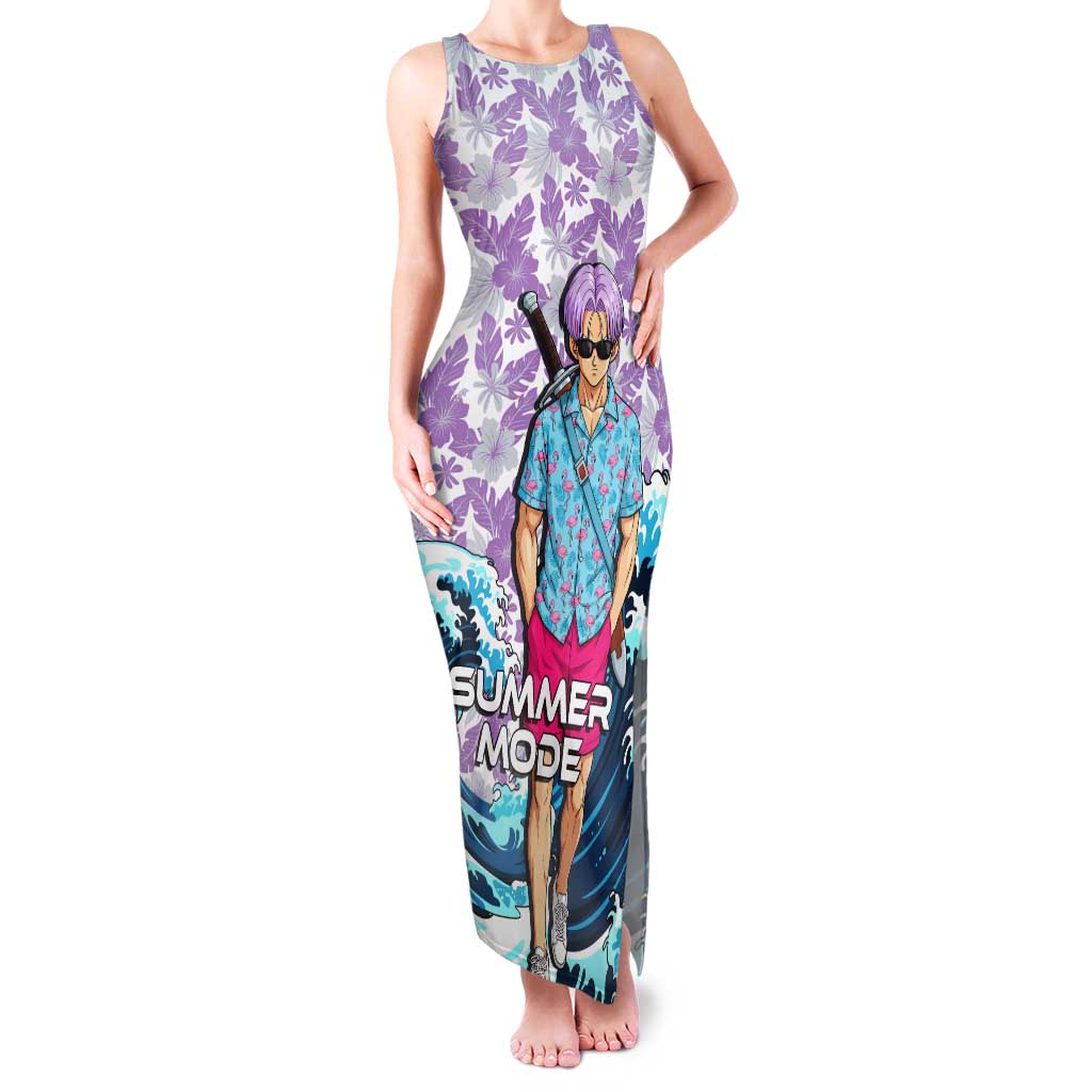 Trunks Dragon Ball Summer Theme Tank Maxi Dress with Sword Floral Shirt Sunglasses Shenron and Ocean Wave Background - The Mazicc