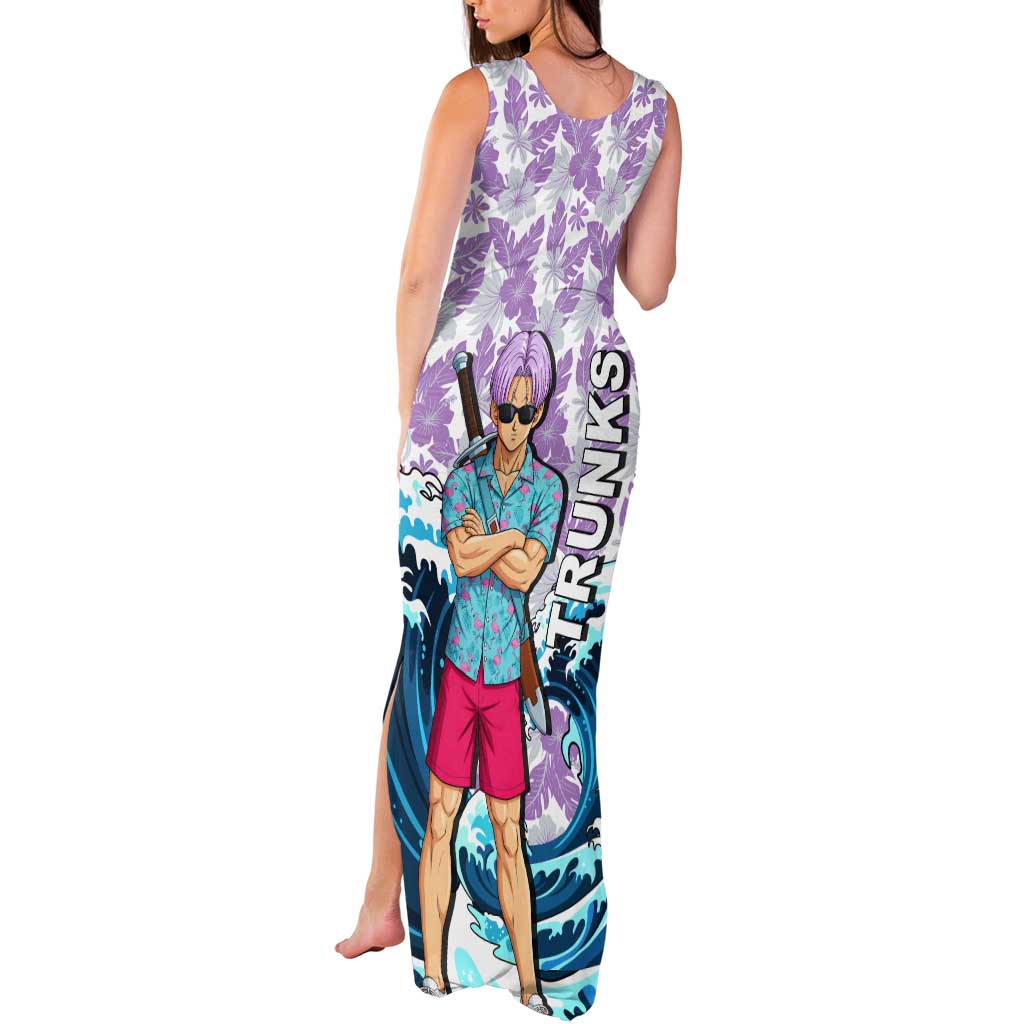Trunks Dragon Ball Summer Theme Tank Maxi Dress with Sword Floral Shirt Sunglasses Shenron and Ocean Wave Background - The Mazicc