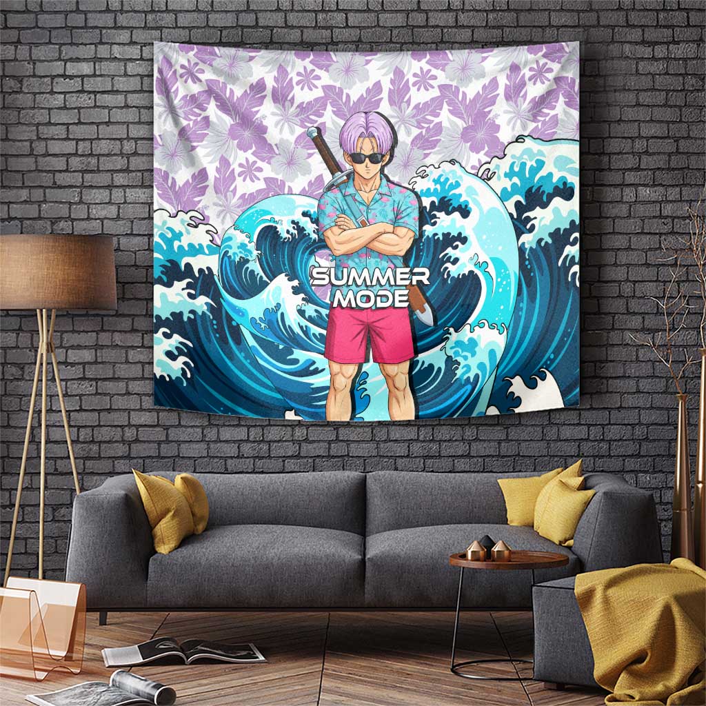 Trunks Dragon Ball Summer Theme Tapestry with Sword Floral Shirt Sunglasses Shenron and Ocean Wave Background - The Mazicc