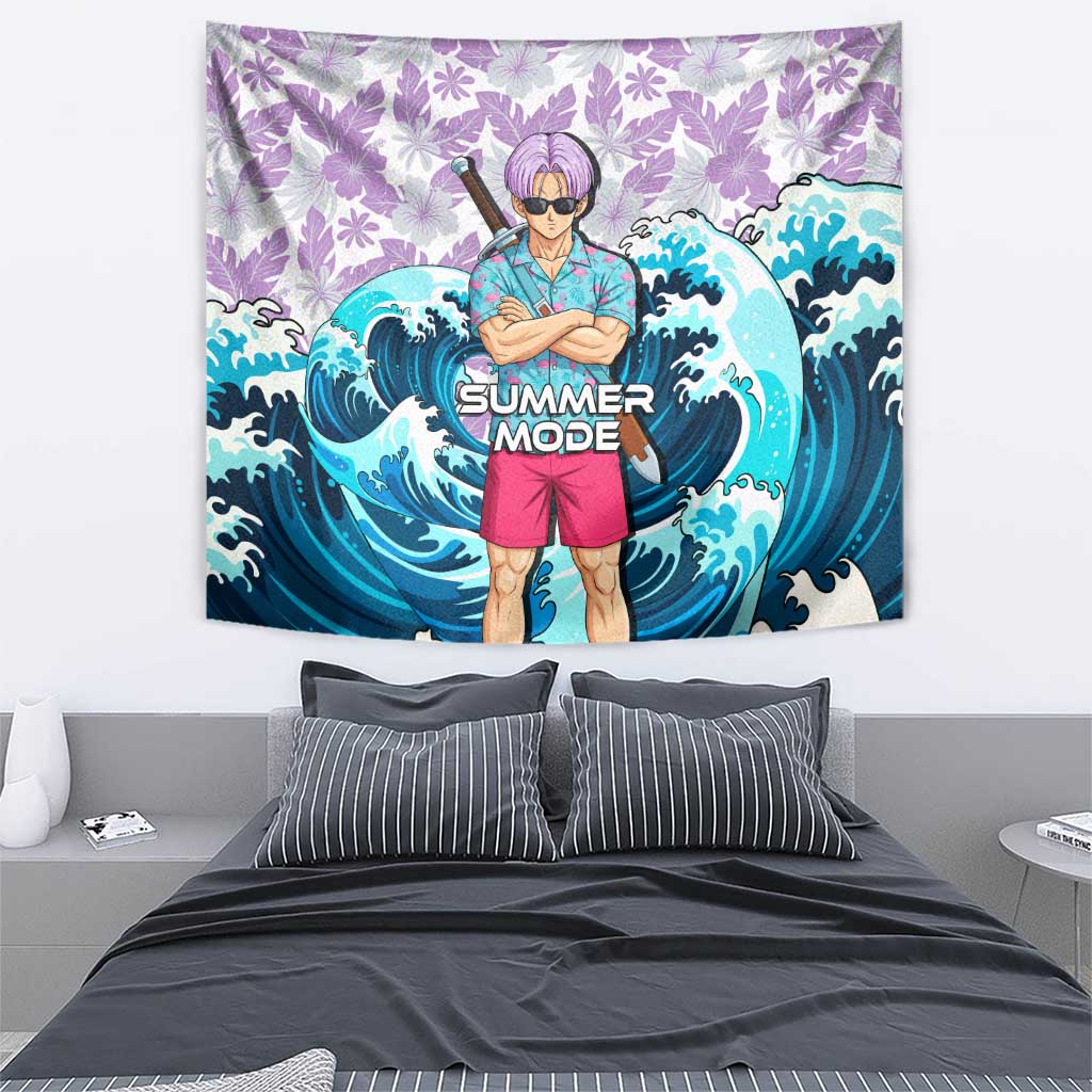 Trunks Dragon Ball Summer Theme Tapestry with Sword Floral Shirt Sunglasses Shenron and Ocean Wave Background - The Mazicc