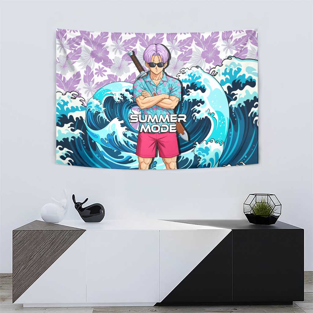 Trunks Dragon Ball Summer Theme Tapestry with Sword Floral Shirt Sunglasses Shenron and Ocean Wave Background - The Mazicc