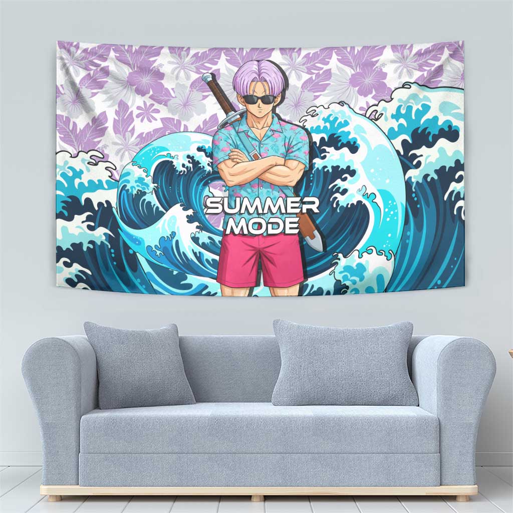 Trunks Dragon Ball Summer Theme Tapestry with Sword Floral Shirt Sunglasses Shenron and Ocean Wave Background - The Mazicc