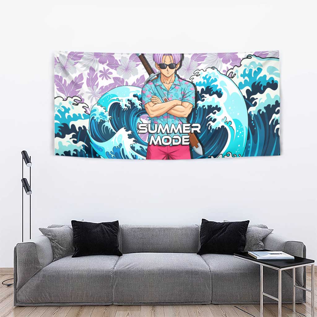 Trunks Dragon Ball Summer Theme Tapestry with Sword Floral Shirt Sunglasses Shenron and Ocean Wave Background - The Mazicc