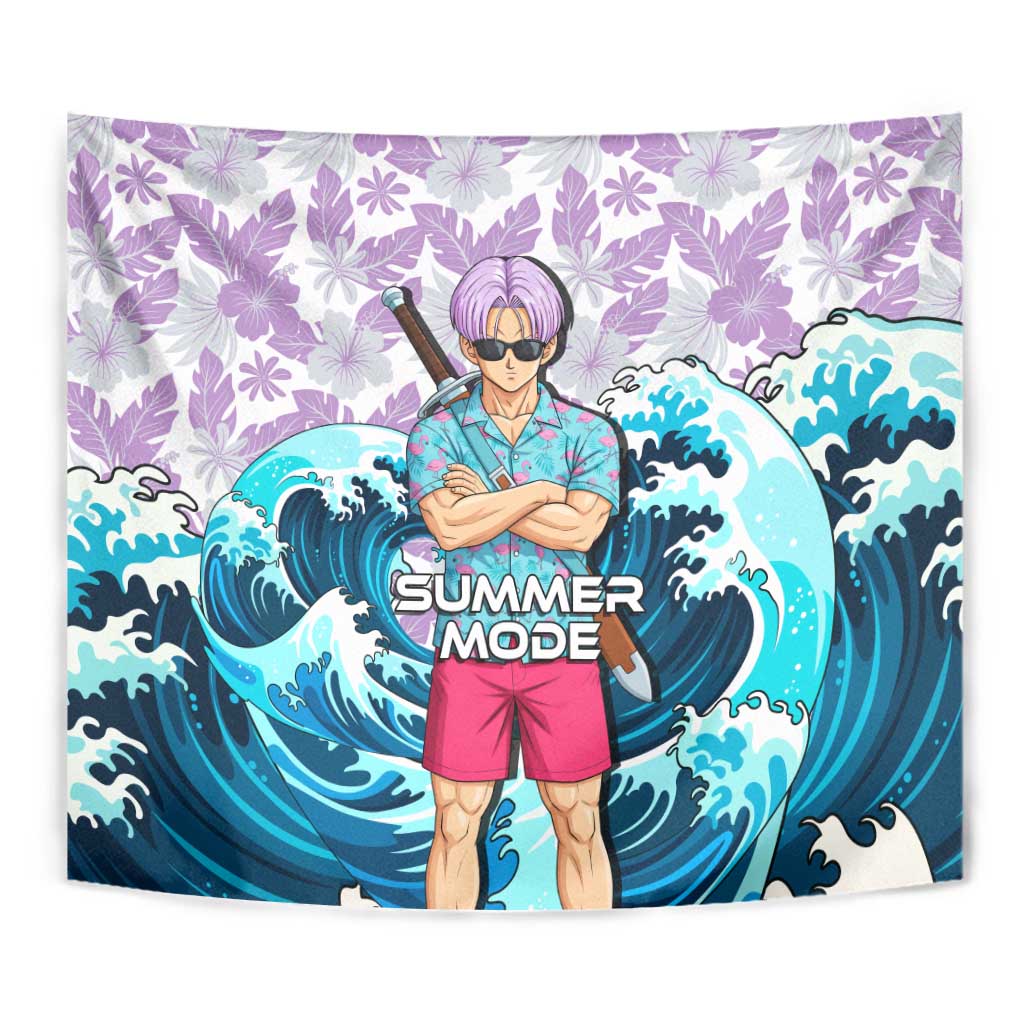 Trunks Dragon Ball Summer Theme Tapestry with Sword Floral Shirt Sunglasses Shenron and Ocean Wave Background - The Mazicc