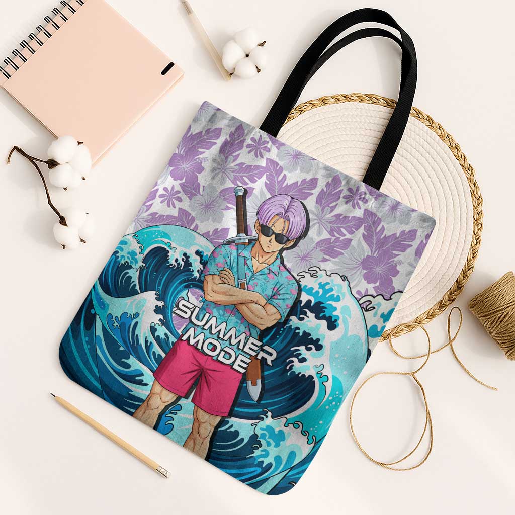 Trunks Dragon Ball Summer Theme Tote Bag with Sword Floral Shirt Sunglasses Shenron and Ocean Wave Background - The Mazicc