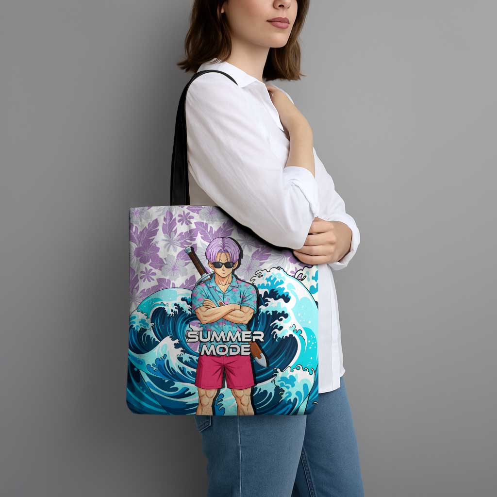 Trunks Dragon Ball Summer Theme Tote Bag with Sword Floral Shirt Sunglasses Shenron and Ocean Wave Background - The Mazicc